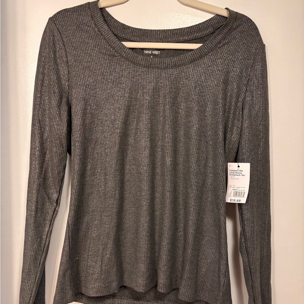 Nine West Ribbed Long Sleeve Crewneck Top in Charcoal Gray
